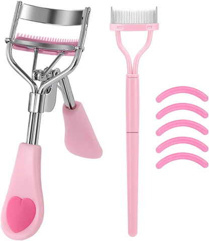 Stainless Steel Eyelash Curler with Built-in Comb Pinch Pain-Free Suitable for Any Eye Shapes and Sizes, with 5 Silicone Refill Pads (Light Pink)