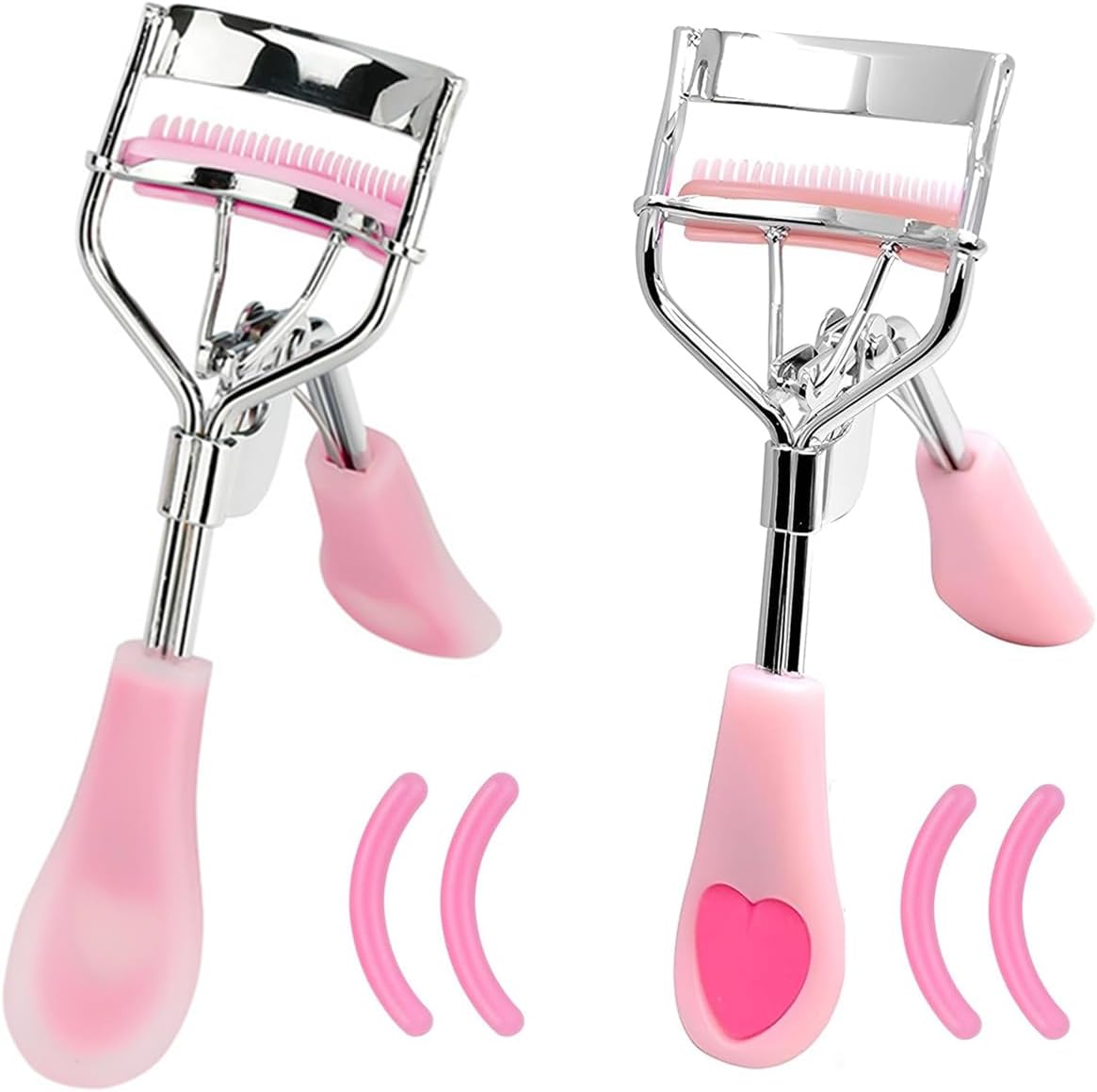 Stainless Steel Eyelash Curler with Built-in Comb Pinch Pain-Free Suitable for Any Eye Shapes and Sizes, with 5 Silicone Refill Pads (Light Pink)
