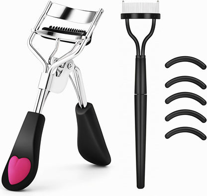 Stainless Steel Eyelash Curler with Built-in Comb Pinch Pain-Free Suitable for Any Eye Shapes and Sizes, with 5 Silicone Refill Pads (Light Pink)