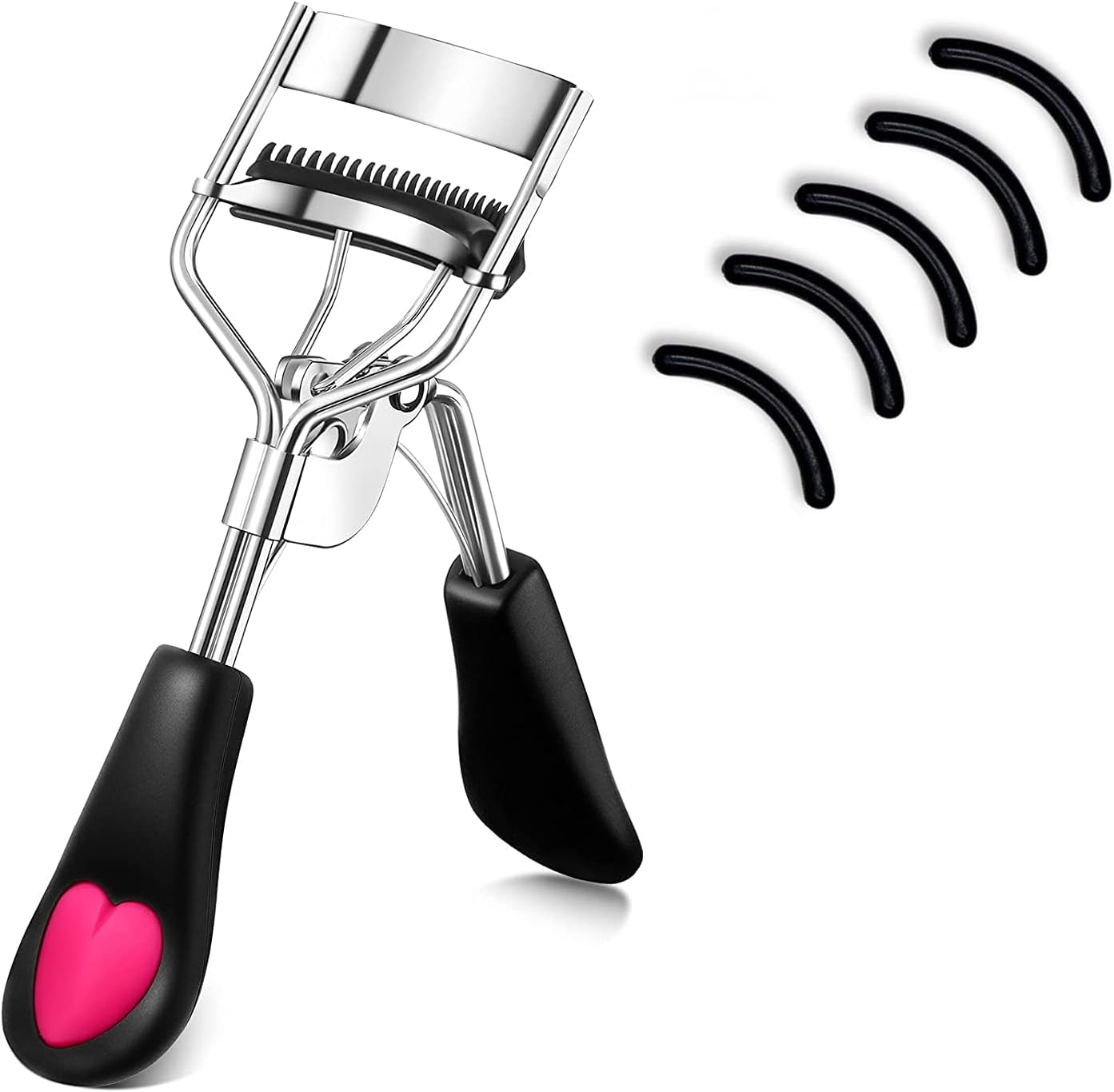 Stainless Steel Eyelash Curler with Built-in Comb Pinch Pain-Free Suitable for Any Eye Shapes and Sizes, with 5 Silicone Refill Pads (Light Pink)