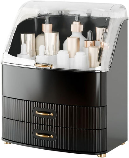 Makeup Organizer Countertop Vanity with Transparent Lid Drawers Waterproof Dustproof Cosmetic Skincare Bathroom Storage Gift for Women Teens Girls (Clear Black)